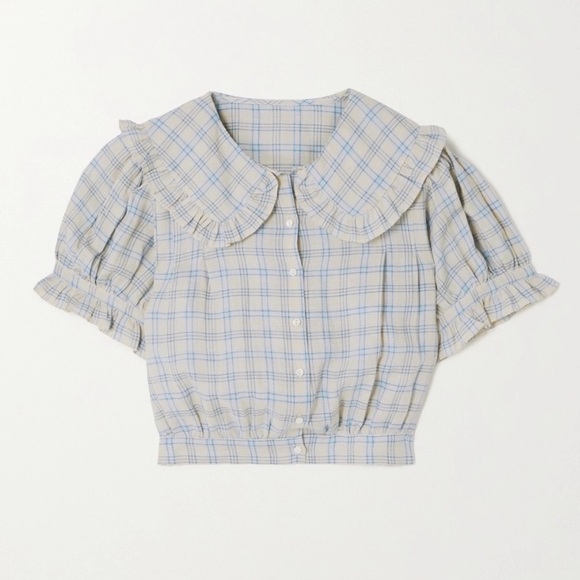 NWT Doen Sparrow Ramie Ruffle Collar Button Crop Top Meadowlark Plaid Blue - Picture 11 of 12